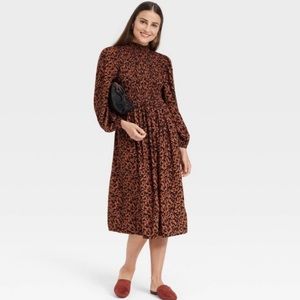 A New Day Brown & Black Long Sleebe Smock MIDI Dress